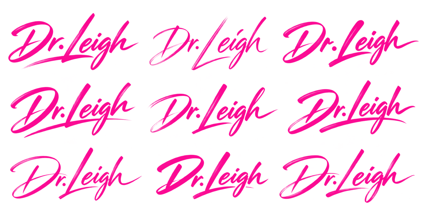 Nine Dr. Leigh hand-lettered pink script logo options in a three by three grid